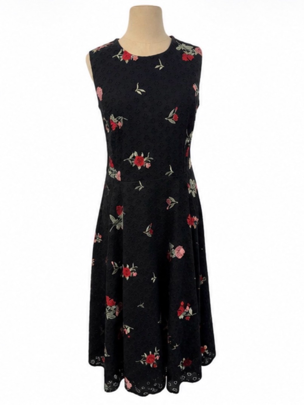 Calvin Klein 14W Black Floral Embroidered Eyelet Fit & Flare Midi Dress